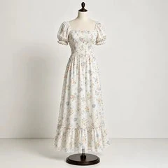 White floral chiffon smocked maxi dress with square neckline, puff sleeves and tiered hem