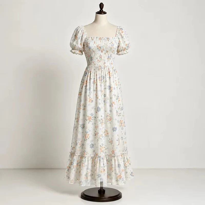 White Floral Chiffon Smocked Maxi Dress White floral chiffon smocked maxi dress with square neckline, puff sleeves and tiered hem