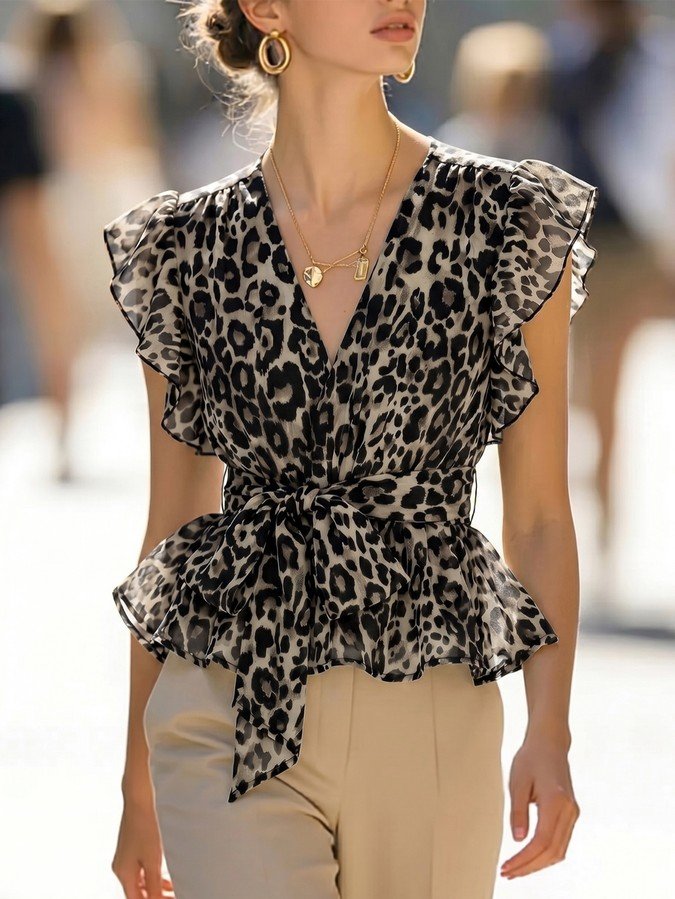 Model front view of a gray leopard chiffon wrap blouse with flutter sleeves and a peplum hem.