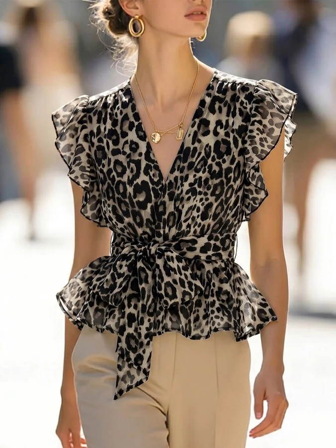 Model front view of a gray leopard chiffon wrap blouse with flutter sleeves and a peplum hem.