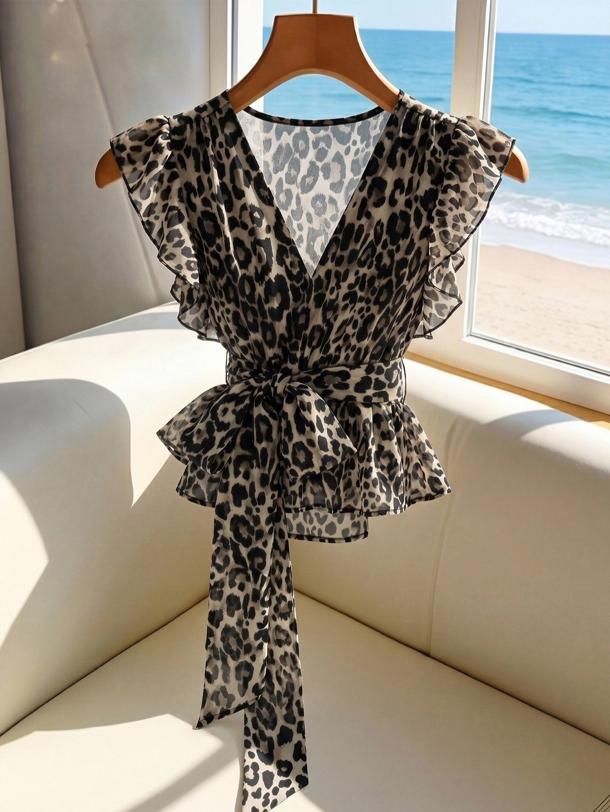 Hanger product display of a gray leopard chiffon wrap blouse with flutter sleeves and a peplum hem.