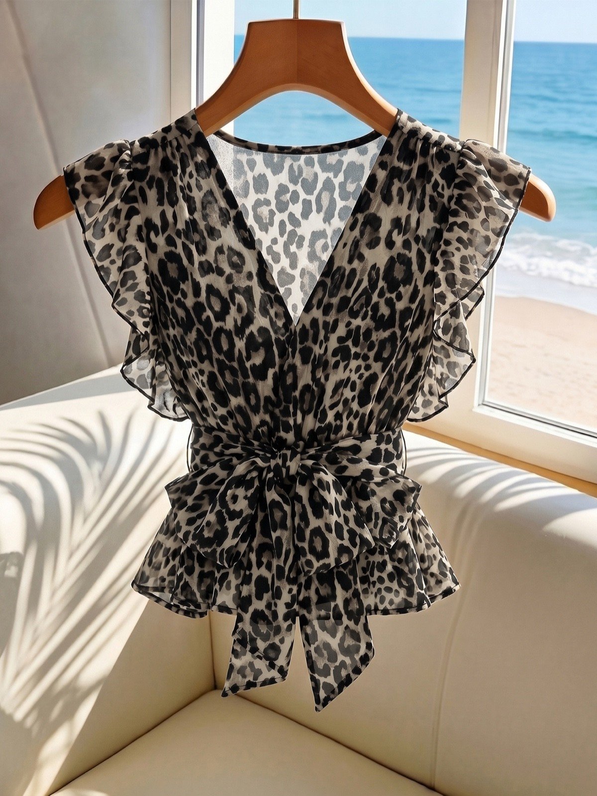 Resort hanger display of a gray leopard chiffon wrap blouse with flutter sleeves and a peplum hem.