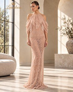 Front view of a blush pink halter lace evening gown with draped sleeves and a fitted floor-length silhouette.