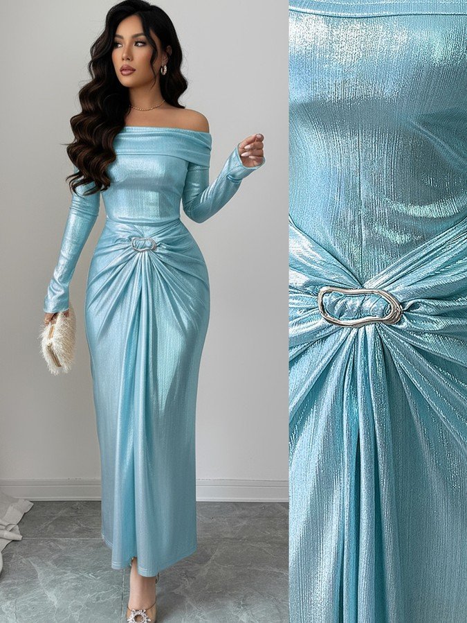 Front view and buckle detail of an ice blue metallic off-shoulder maxi dress with a ruched buckle waist.