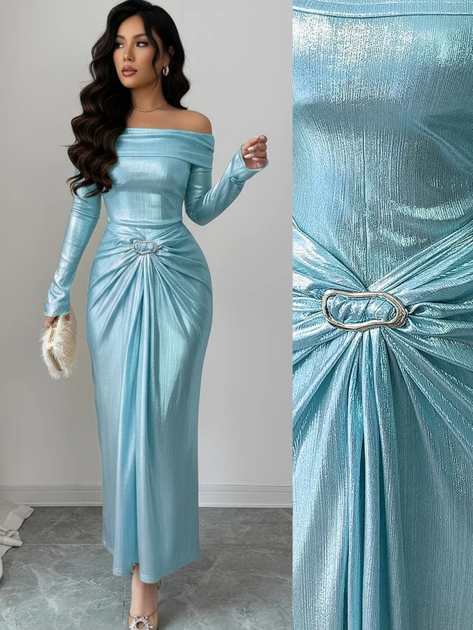 Front view and buckle detail of an ice blue metallic off-shoulder maxi dress with a ruched buckle waist.