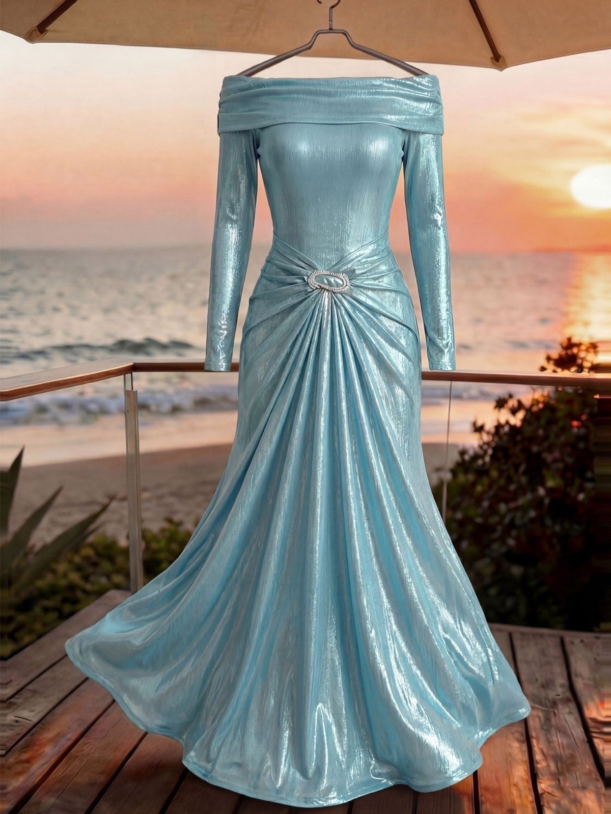 Hanger product display of an ice blue metallic off-shoulder maxi dress with a ruched buckle waist.