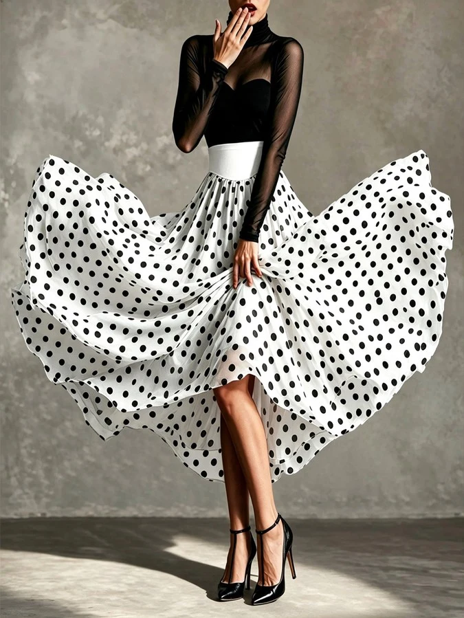 Front skirt movement view of a black sheer mesh top and white polka-dot full-circle maxi skirt set.