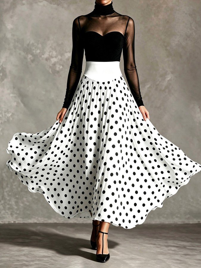 Skirt sweep detail of a black sheer mesh top and white polka-dot full-circle maxi skirt set.