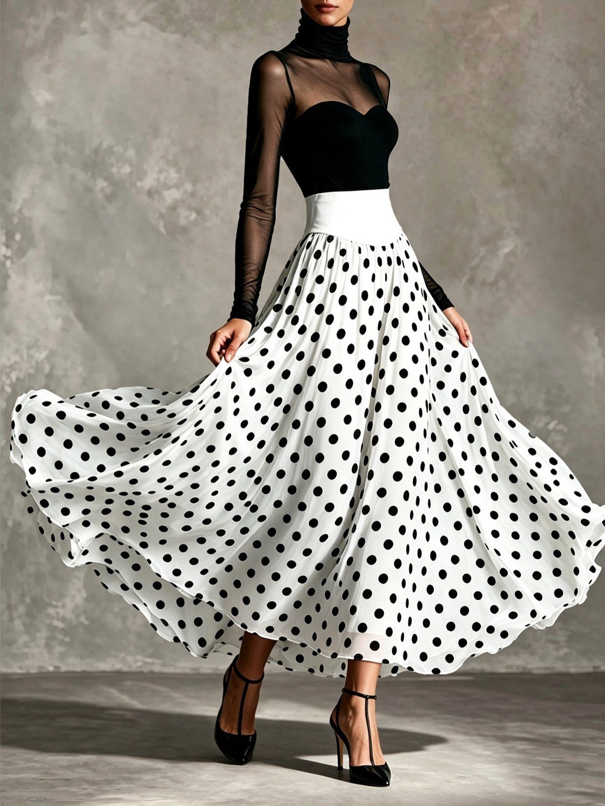 Full-length front view of a black sheer mesh top and white polka-dot full-circle maxi skirt set.