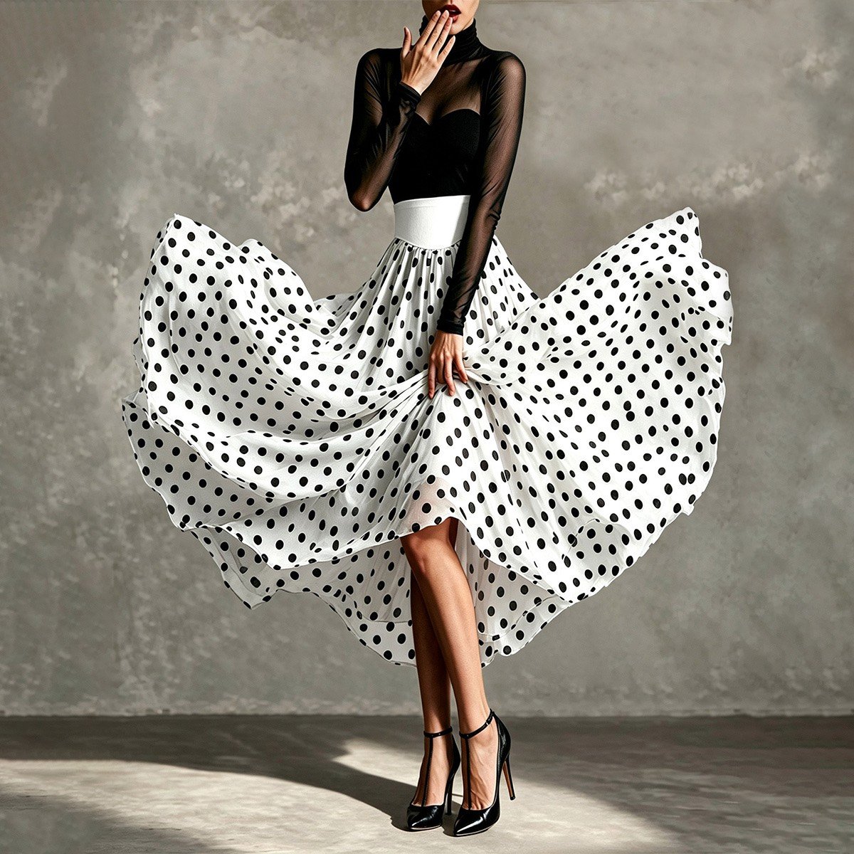 Full-length skirt movement view of a black sheer mesh top and white polka-dot full-circle maxi skirt set.