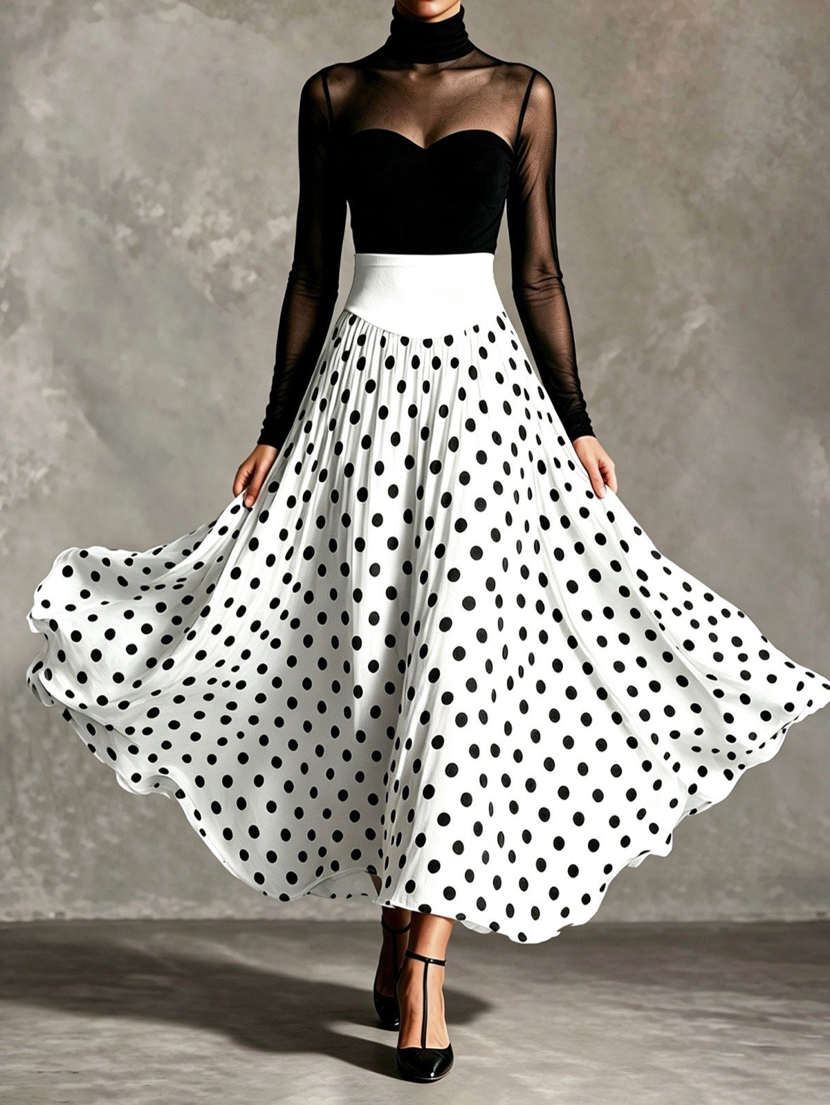 Skirt sweep detail of a black sheer mesh top and white polka-dot full-circle maxi skirt set.