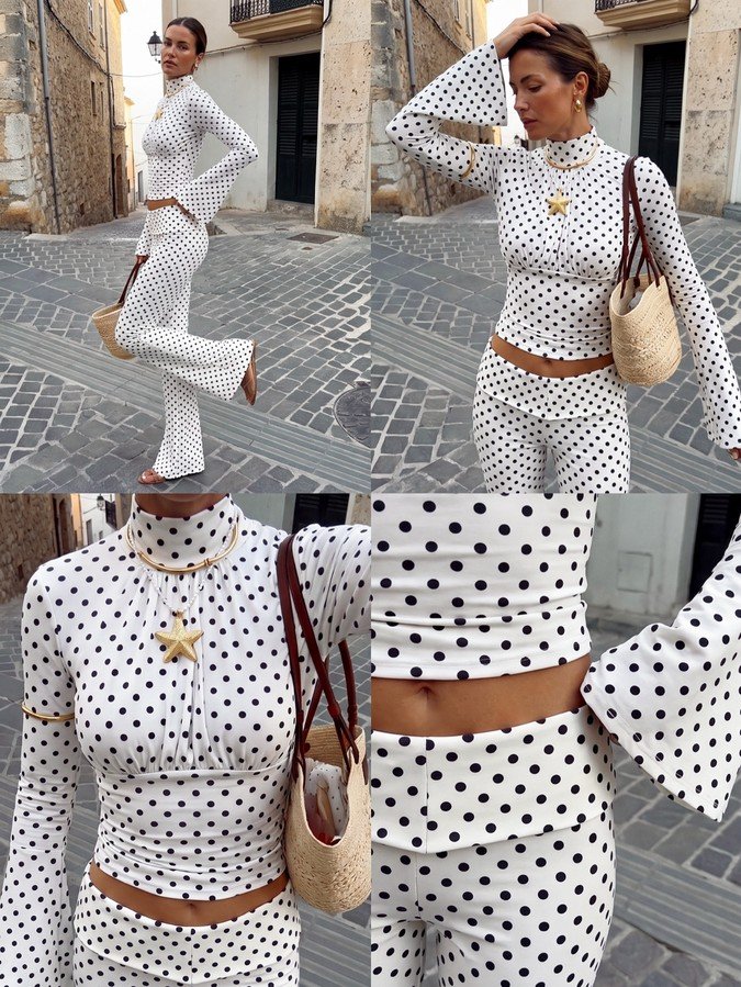 Multi-angle construction details of a white polka-dot bell-sleeve crop top and matching pants set.