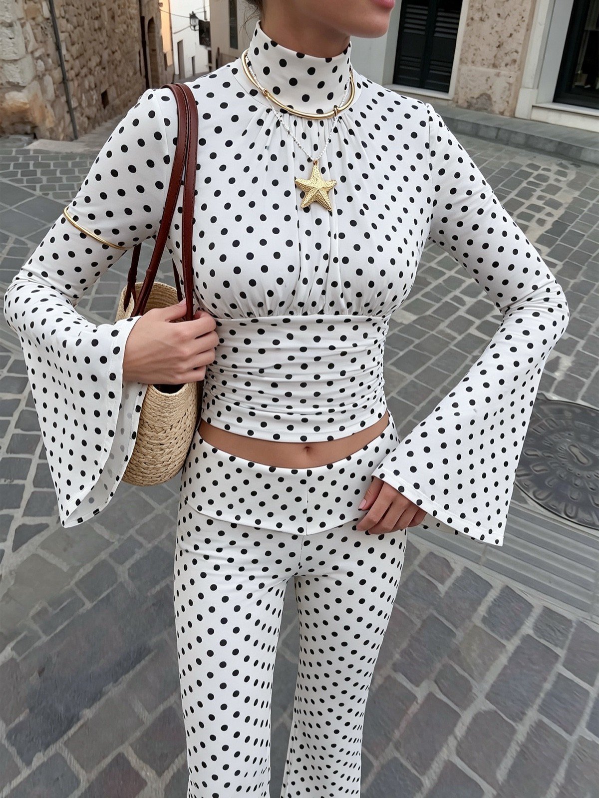 Polka-Dot Bell-Sleeve Pants Set – Full Set Front View Full set front view of a white polka-dot bell-sleeve crop top and matching pants set.