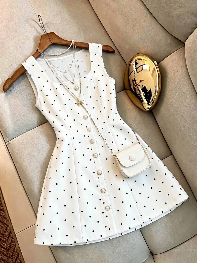 Hanger flat-lay of a white polka-dot knit mini dress with pearl buttons and an A-line skirt.