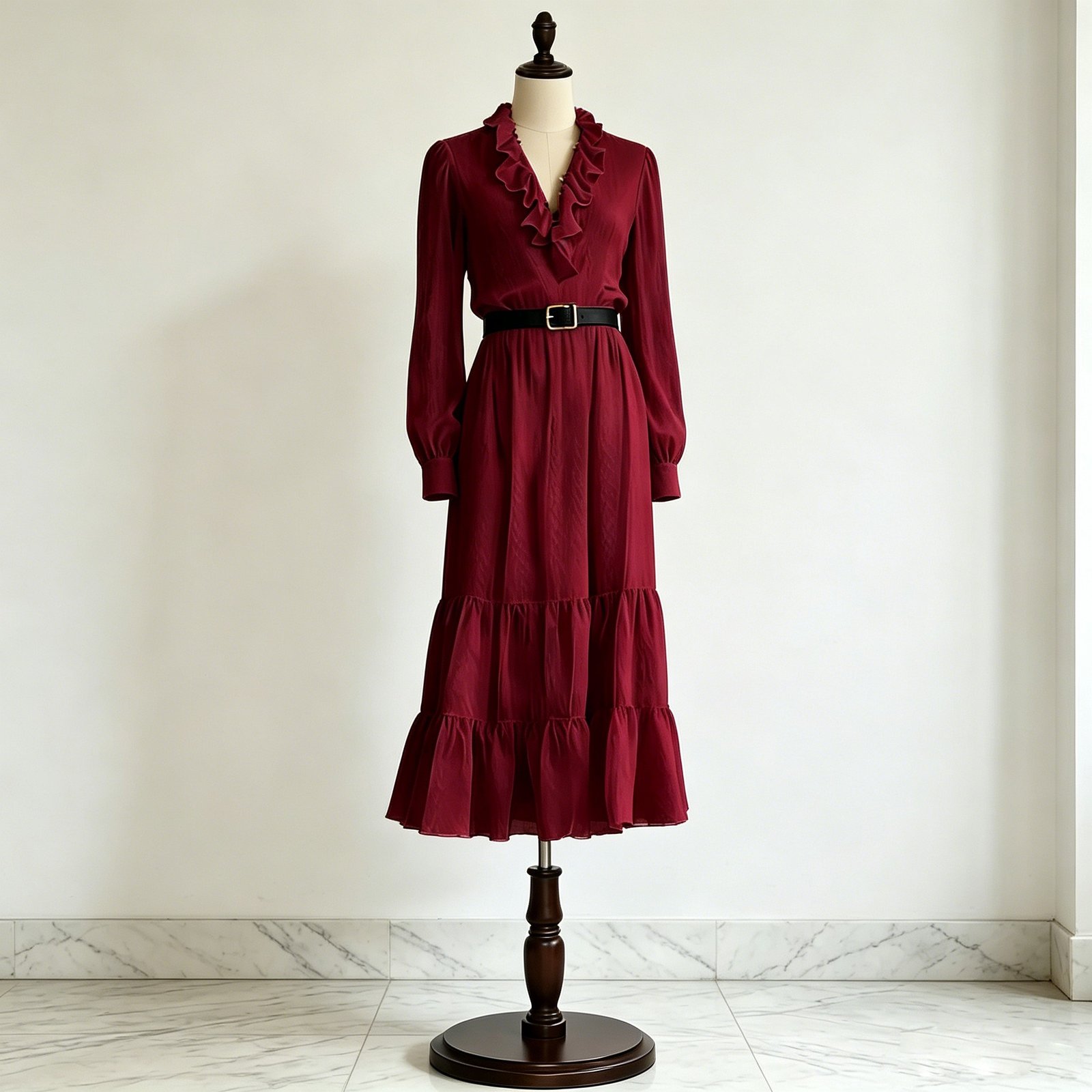 Burgundy ruffle V-neck tiered midi dress with long sleeves and layered ruffle skirt on dress form