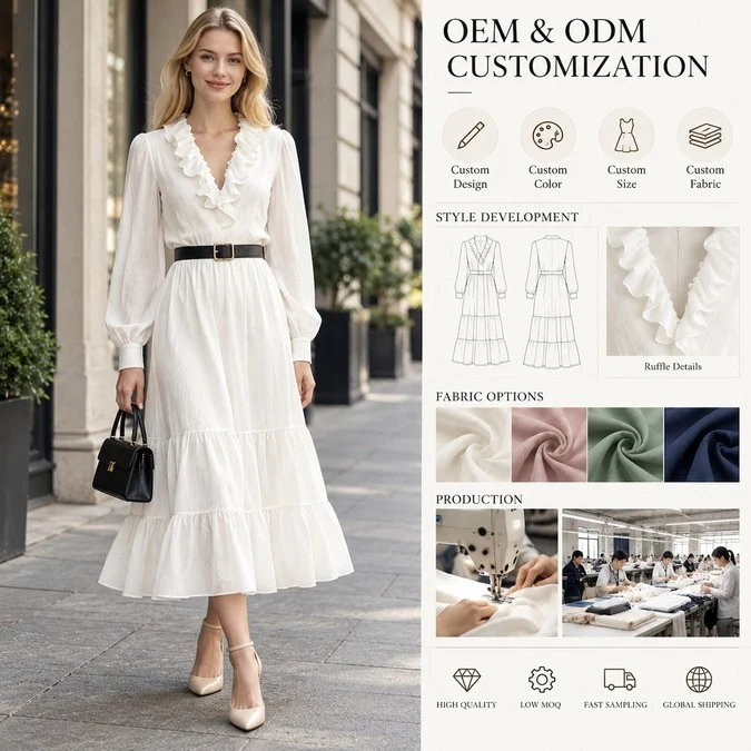 Ruffle V-neck tiered midi dress worn by a model, shown with the ODM style development sketches, ruffle detail and fabric options behind the style