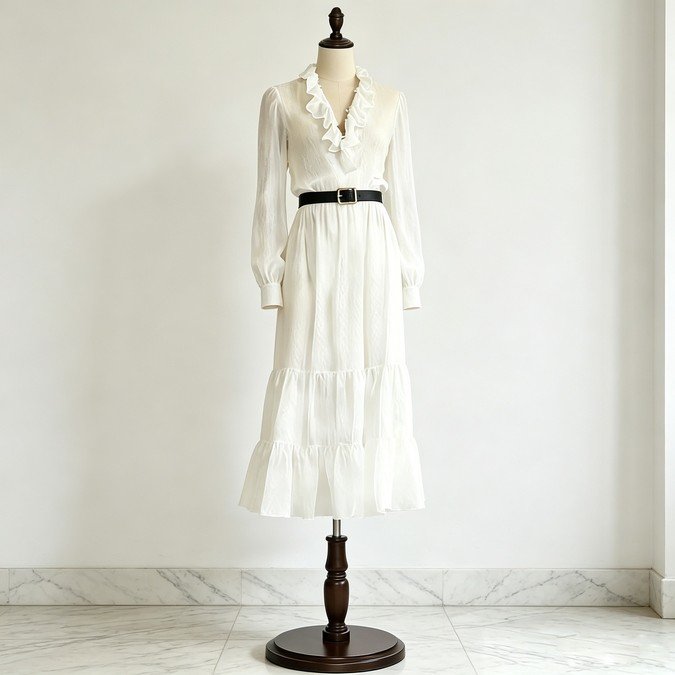 The same ruffle V-neck tiered midi dress photographed in white on a dress form