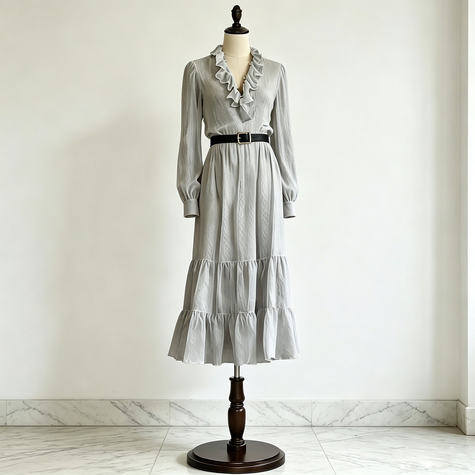 Dark gray ruffle V-neck tiered midi dress with long sleeves and layered ruffle skirt on dress form