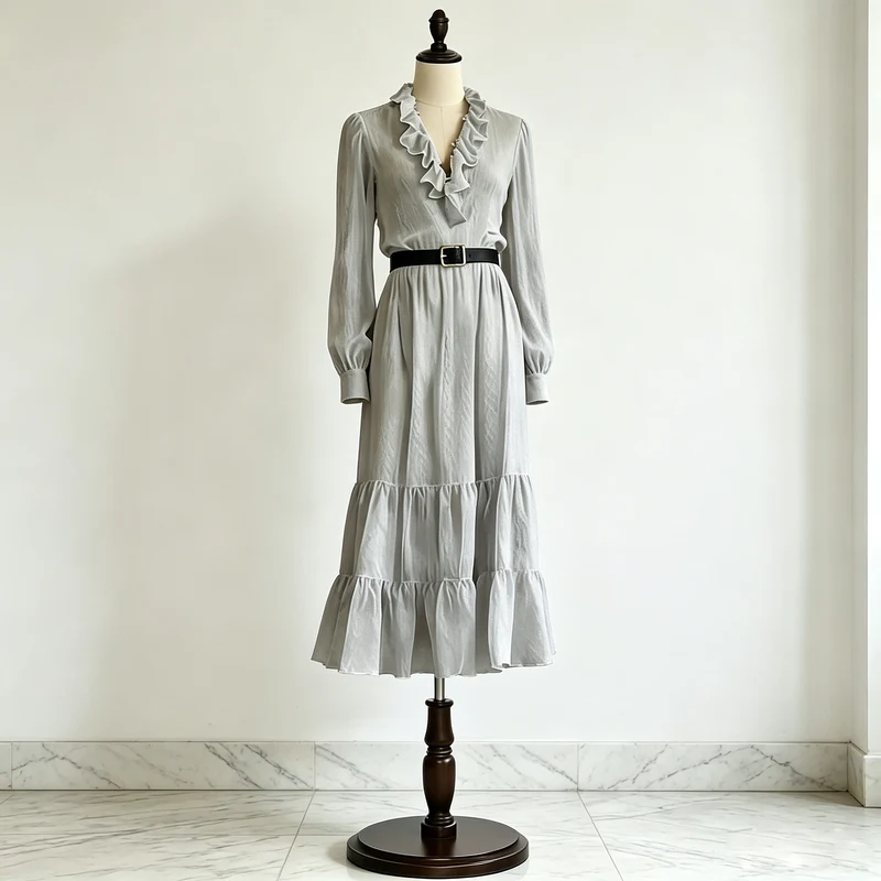 Dark Gray Ruffle V-Neck Tiered Midi Dress Dark gray ruffle V-neck tiered midi dress with long sleeves and layered ruffle skirt on dress form