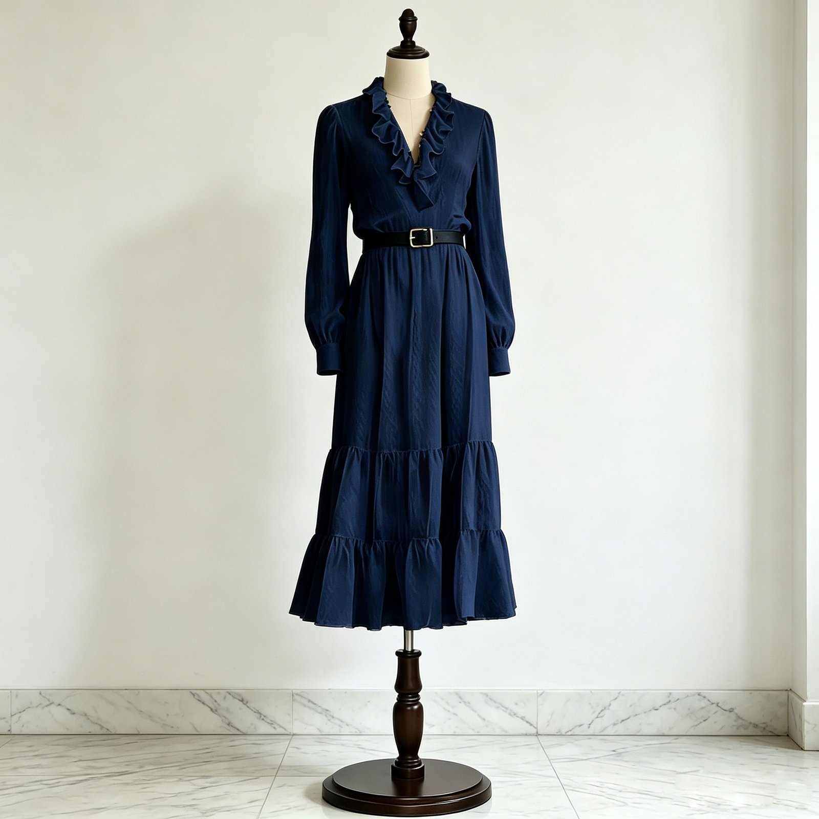 Navy ruffle V-neck tiered midi dress with long sleeves and layered ruffle skirt on dress form