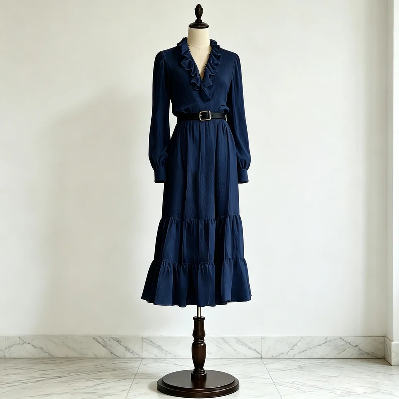 Navy Ruffle V-Neck Tiered Midi Dress Navy ruffle V-neck tiered midi dress with long sleeves and layered ruffle skirt on dress form