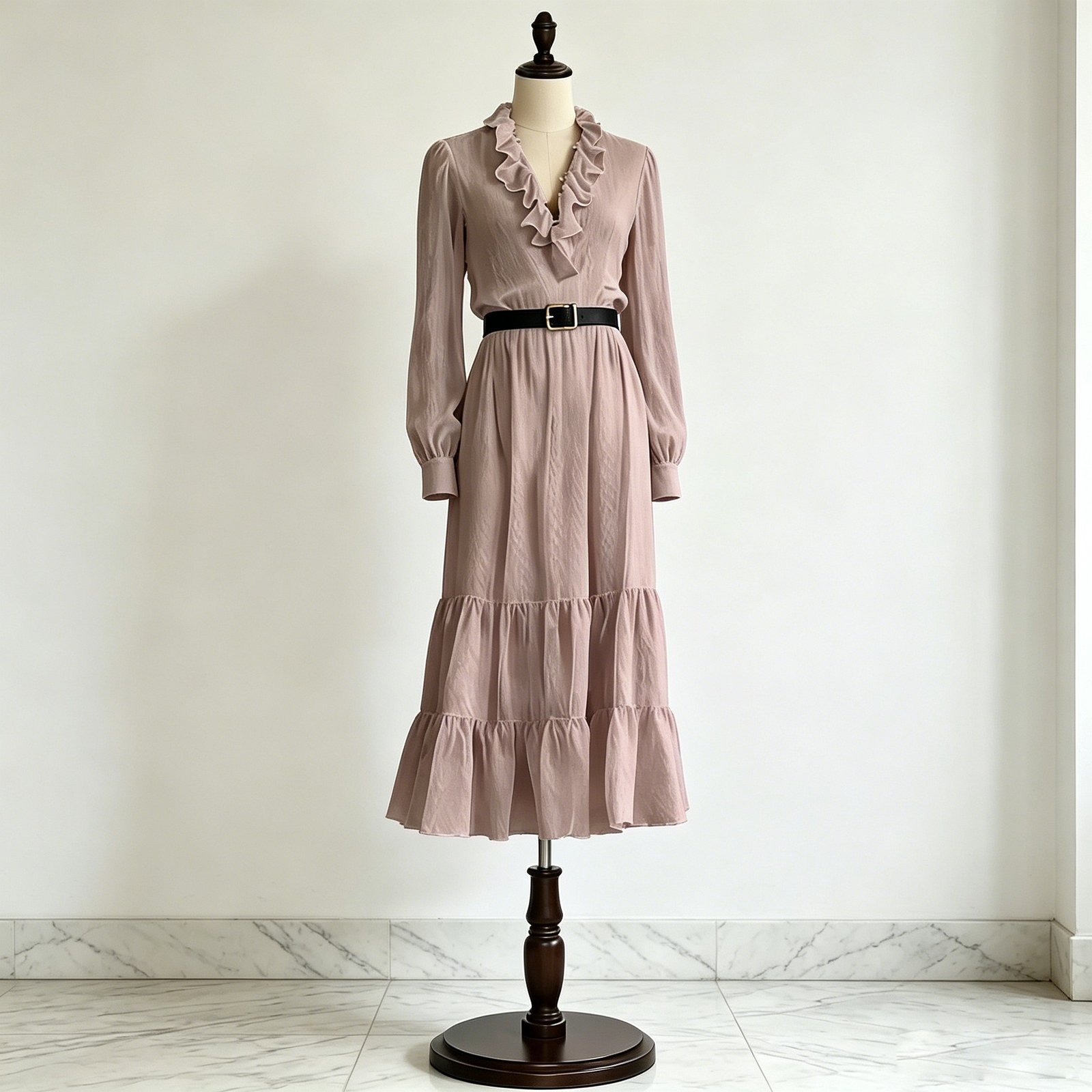 Pink ruffle V-neck tiered midi dress with long sleeves and layered ruffle skirt on dress form