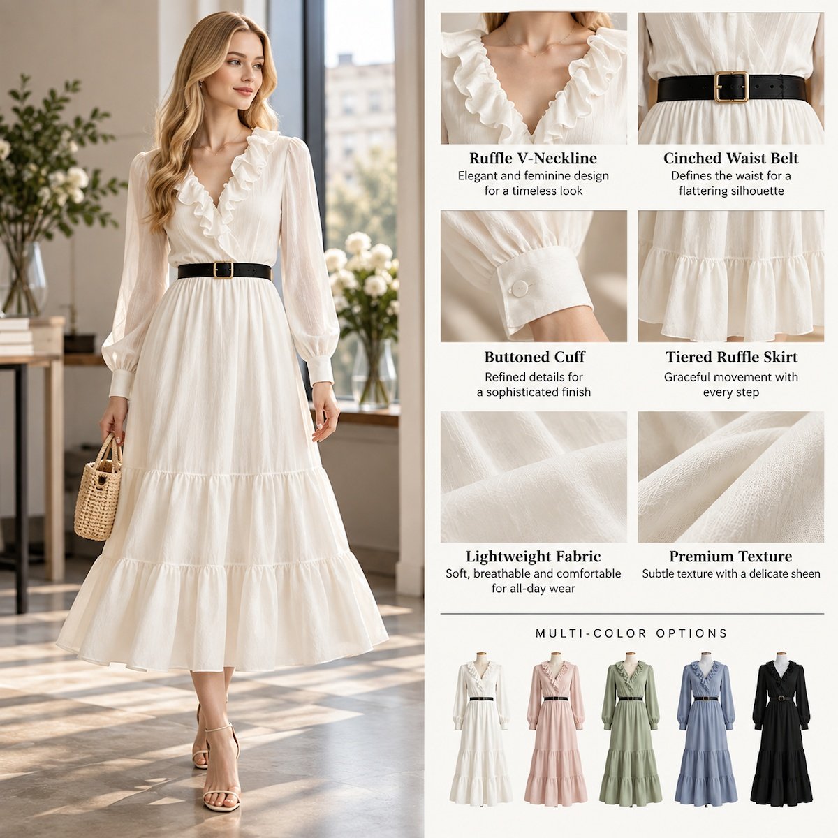 Ruffle V-neck tiered midi dress showing long sleeves, buttoned cuffs, tiered skirt and fabric details
