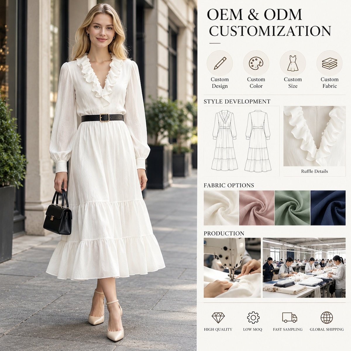 Ruffle V-neck tiered midi dress with OEM and ODM custom design, colour, size and fabric options
