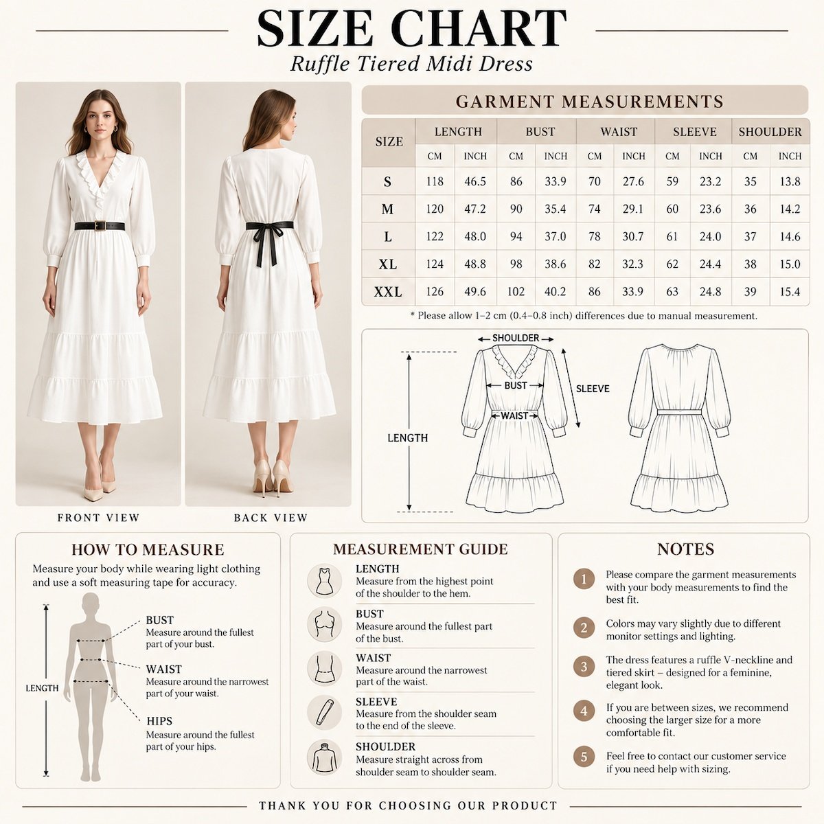 Ruffle V-neck tiered midi dress size chart with garment measurements and measuring guide