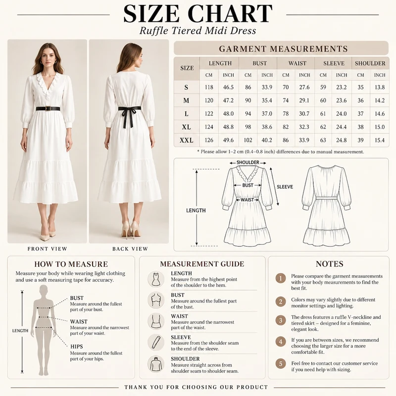 Ruffle V-neck tiered midi dress size chart with garment measurements and measuring guide