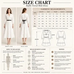 Ruffle V-neck tiered midi dress size chart with garment measurements and measuring guide
