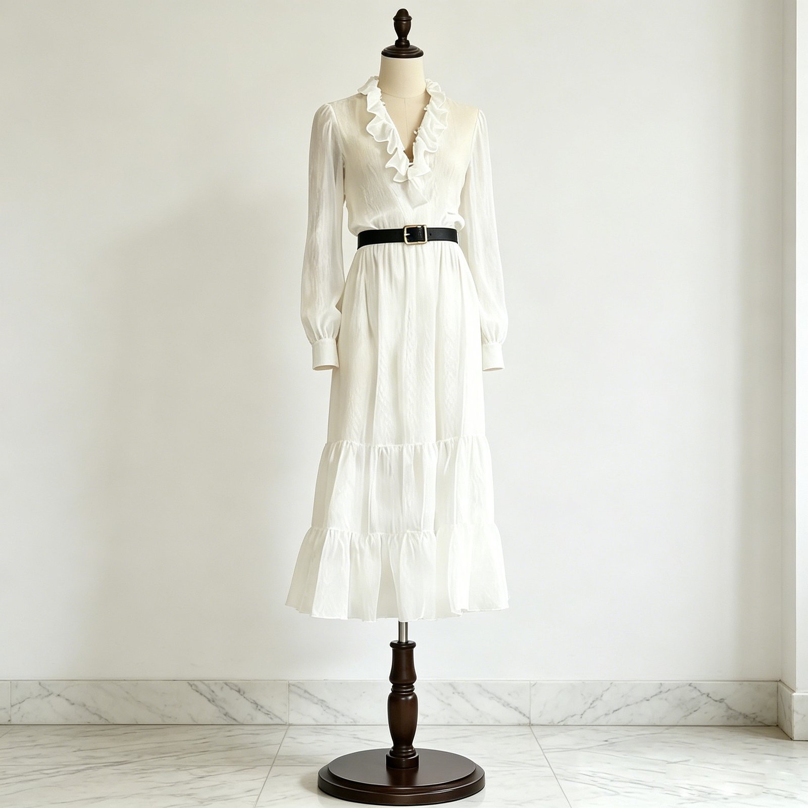 White ruffle V-neck tiered midi dress with long sleeves and layered ruffle skirt on dress form