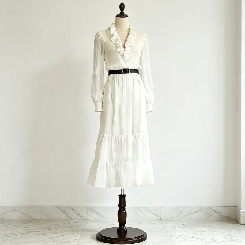 White Ruffle V-Neck Tiered Midi Dress White ruffle V-neck tiered midi dress with long sleeves and layered ruffle skirt on dress form