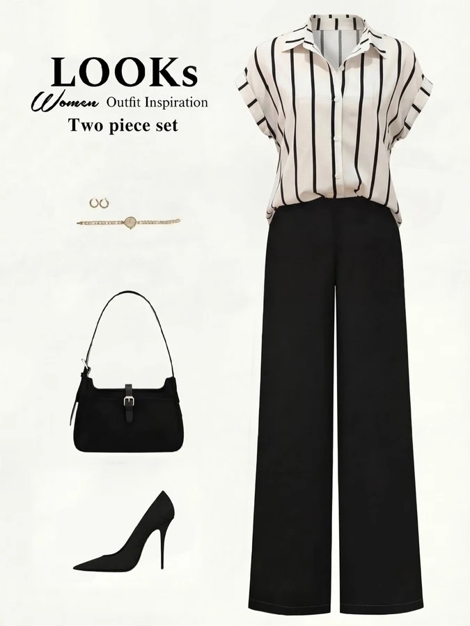 Front product layout of a striped short-sleeve blouse and black wide-leg pants set.