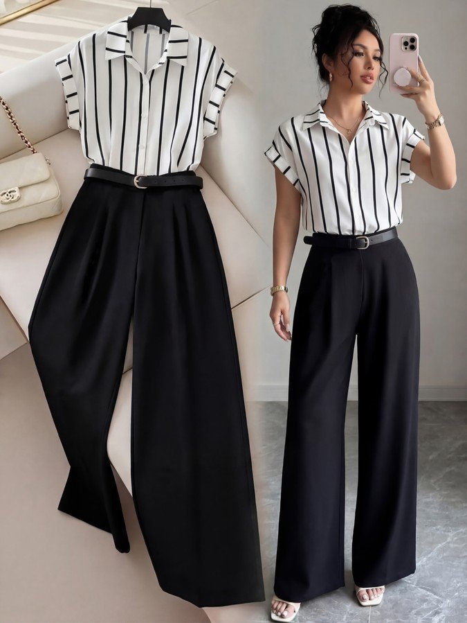 Model and product view of a striped short-sleeve blouse and black wide-leg pants set.