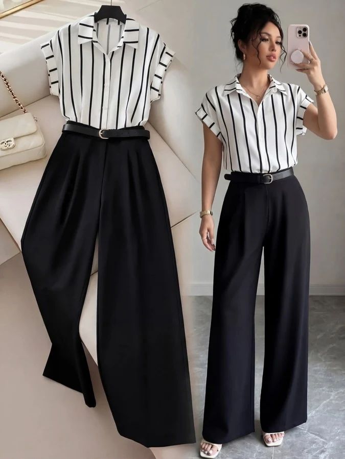 Model and product view of a striped short-sleeve blouse and black wide-leg pants set.