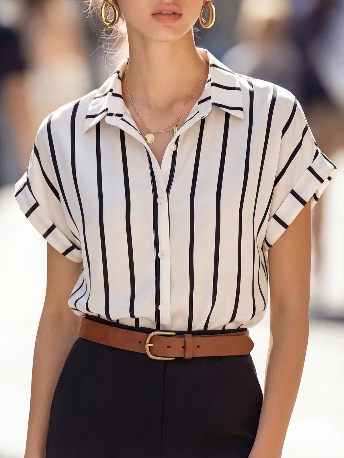 Blouse lifestyle close-up of a striped short-sleeve blouse and black wide-leg pants set.