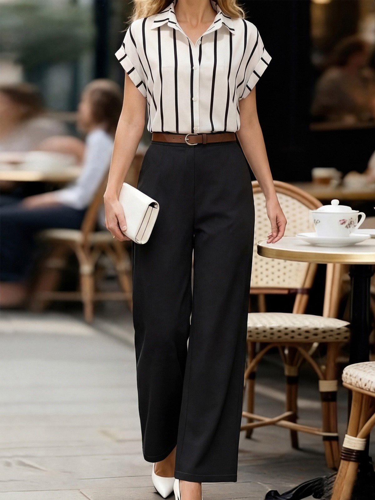 Cafe lifestyle view of a striped short-sleeve blouse and black wide-leg pants set.