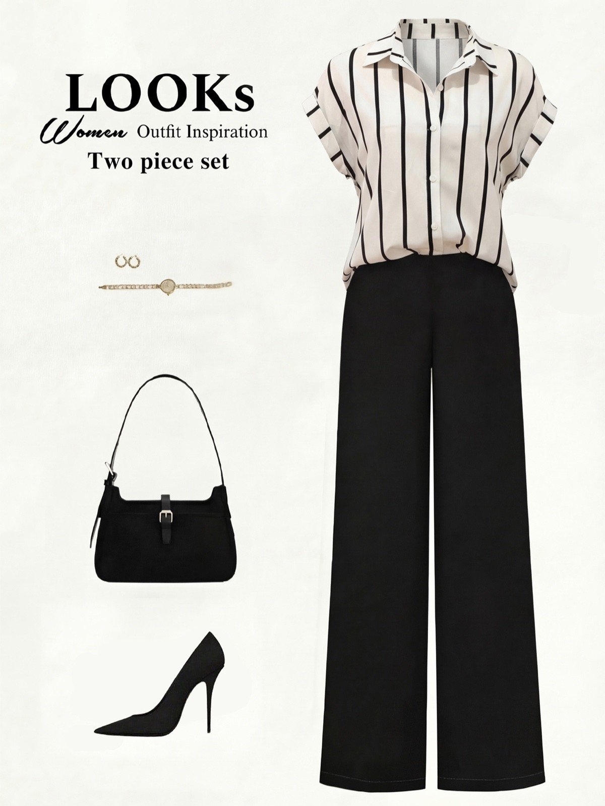 Striped Blouse and Wide-Leg Pants Set – Front Product Layout Front product layout of a striped short-sleeve blouse and black wide-leg pants set.