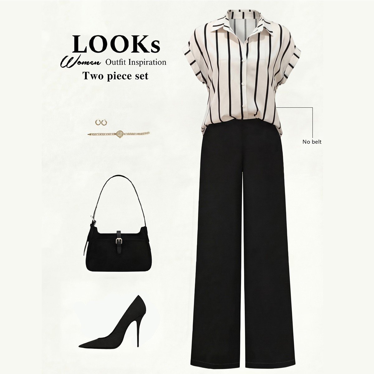 Full set product layout of a striped short-sleeve blouse and black wide-leg pants set.