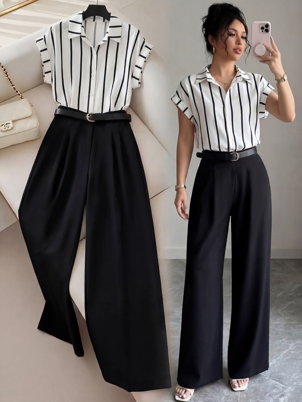 Model and product view of a striped short-sleeve blouse and black wide-leg pants set.