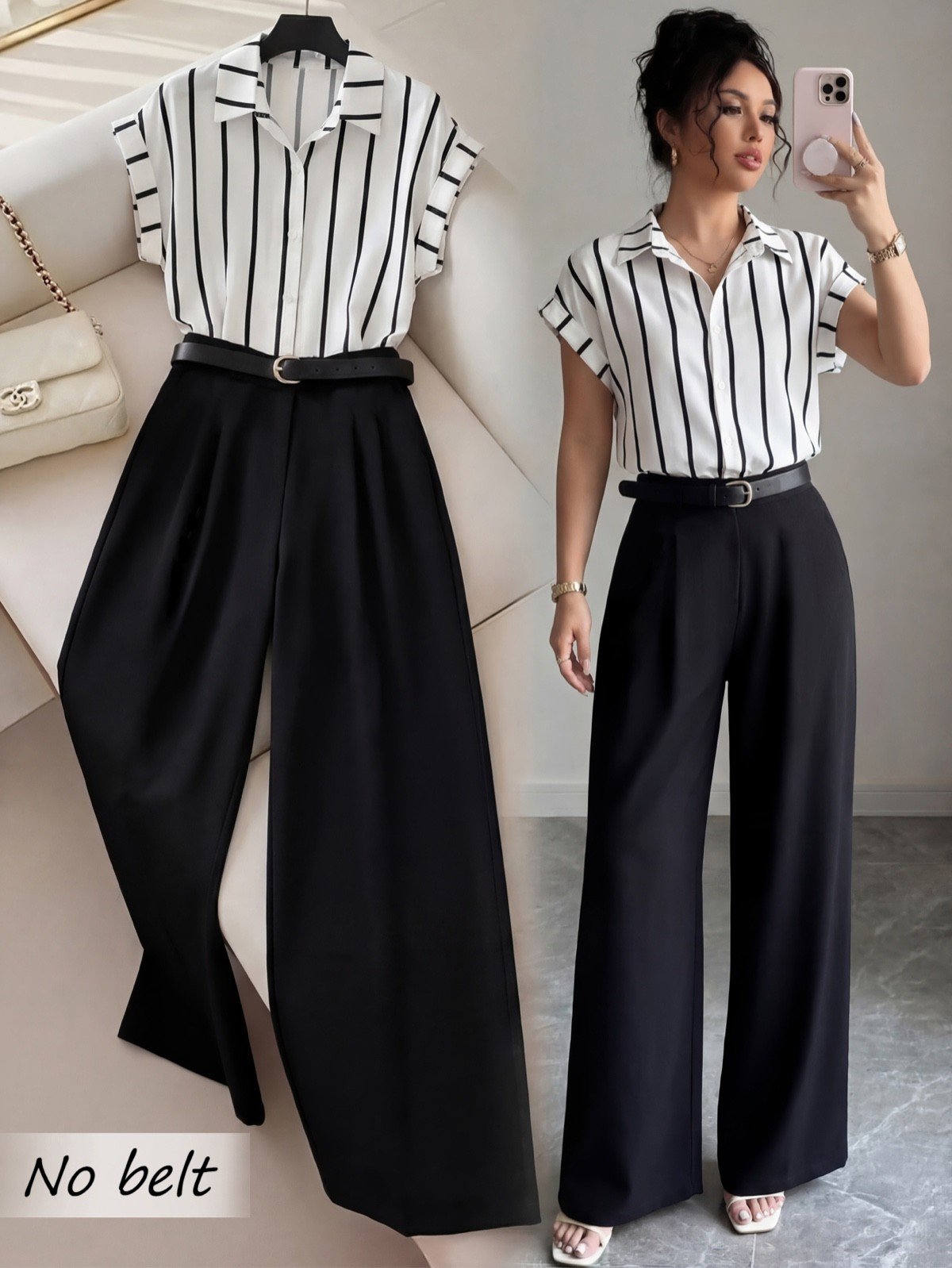 No-belt styling view of a striped short-sleeve blouse and black wide-leg pants set.