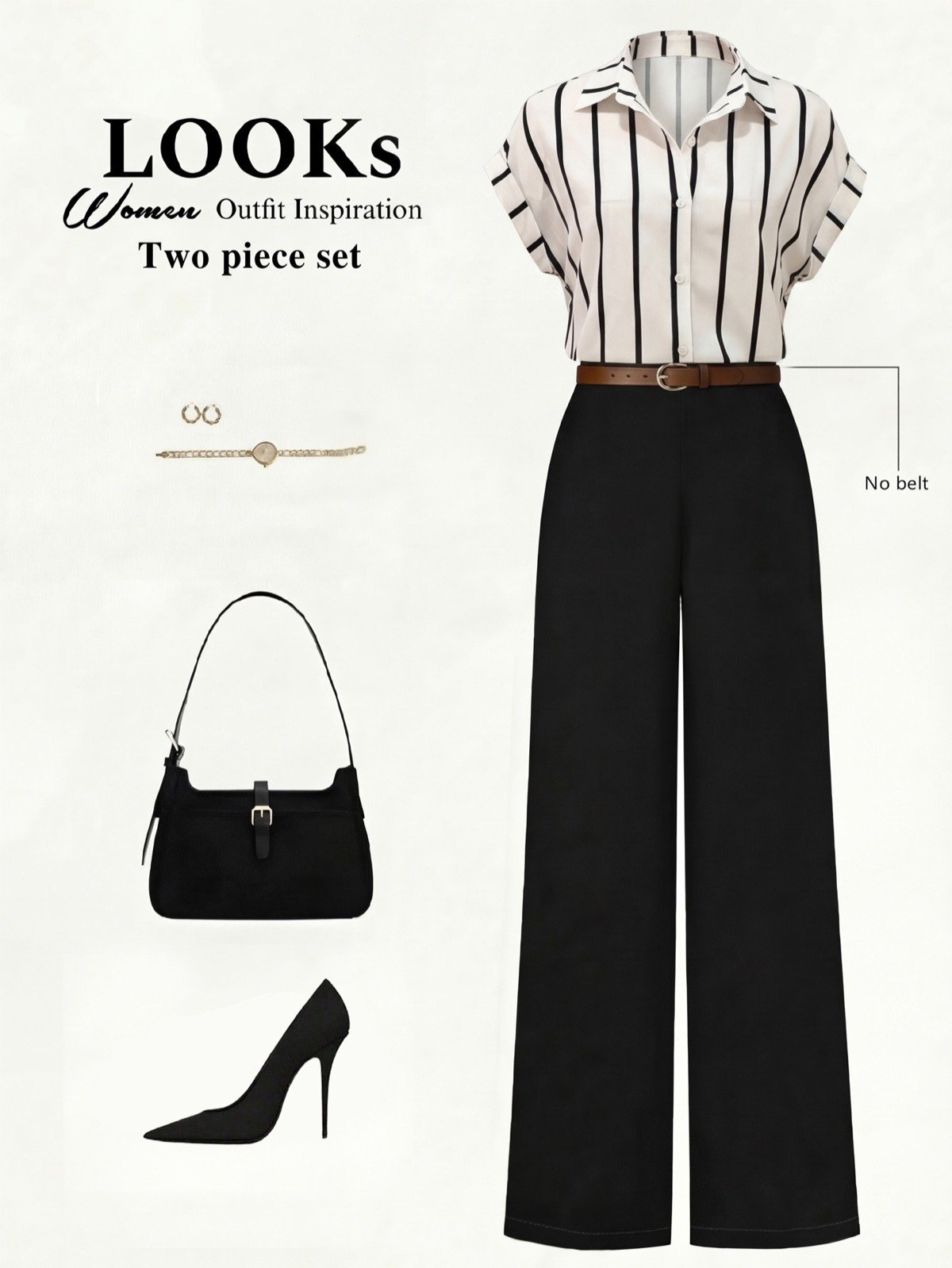 Outfit layout of a striped short-sleeve blouse and black wide-leg pants set.