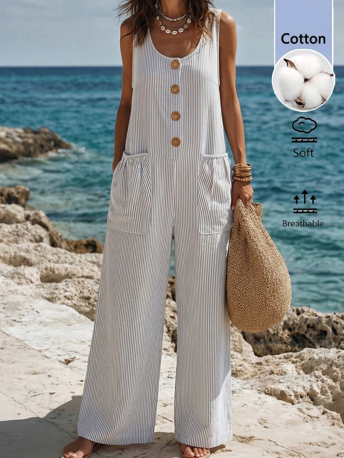 Striped Button-Front Wide-Leg Jumpsuit – Front View and Cotton Fabric Detail Front view and cotton fabric detail of a striped button-front wide-leg jumpsuit with patch pockets.