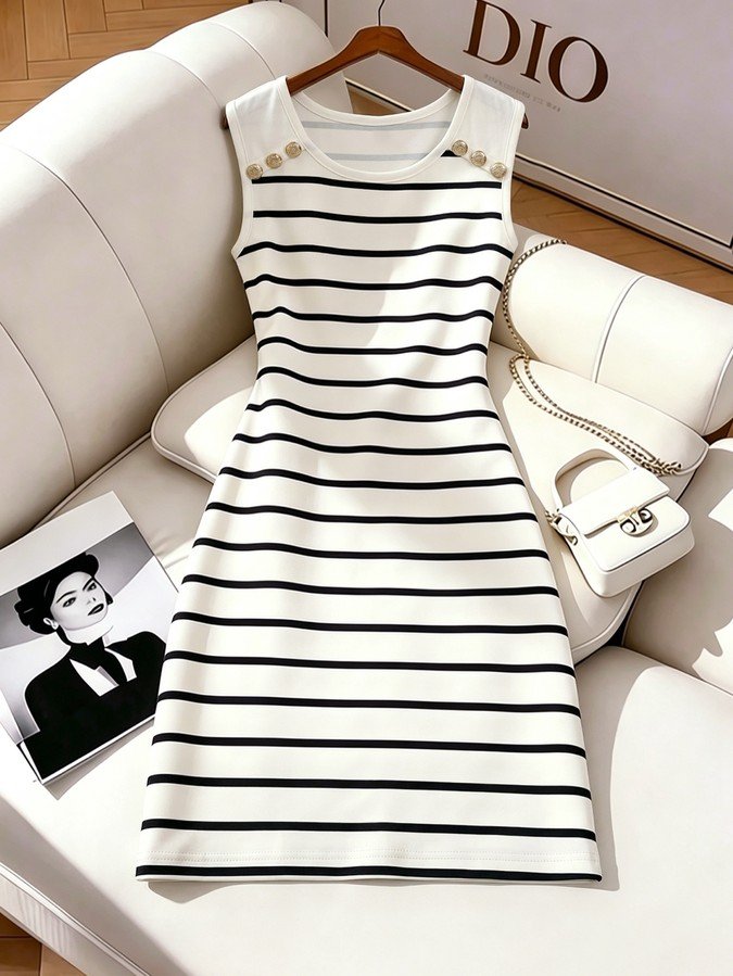 Sofa flat-lay of a white striped knit bodycon mini dress with gold-tone shoulder buttons.