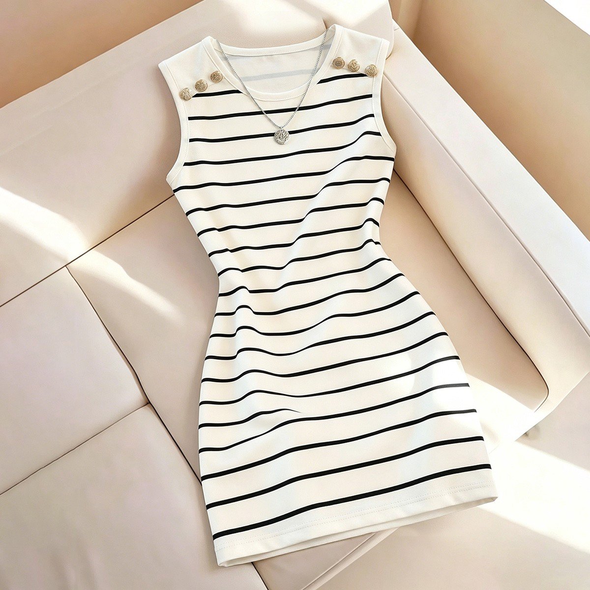 Primary front flat-lay of a white striped knit bodycon mini dress with gold-tone shoulder buttons.
