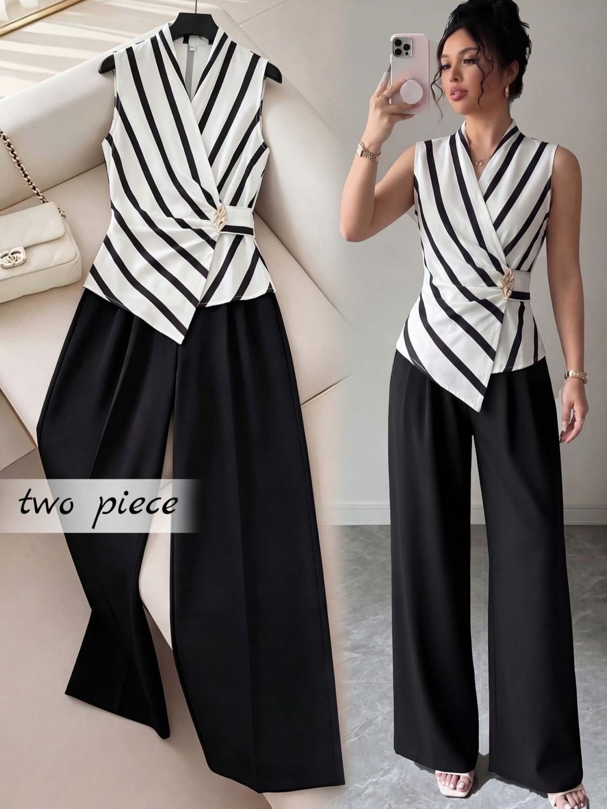 Model and product view of a striped wrap blouse and black wide-leg pants set with buckle detail.