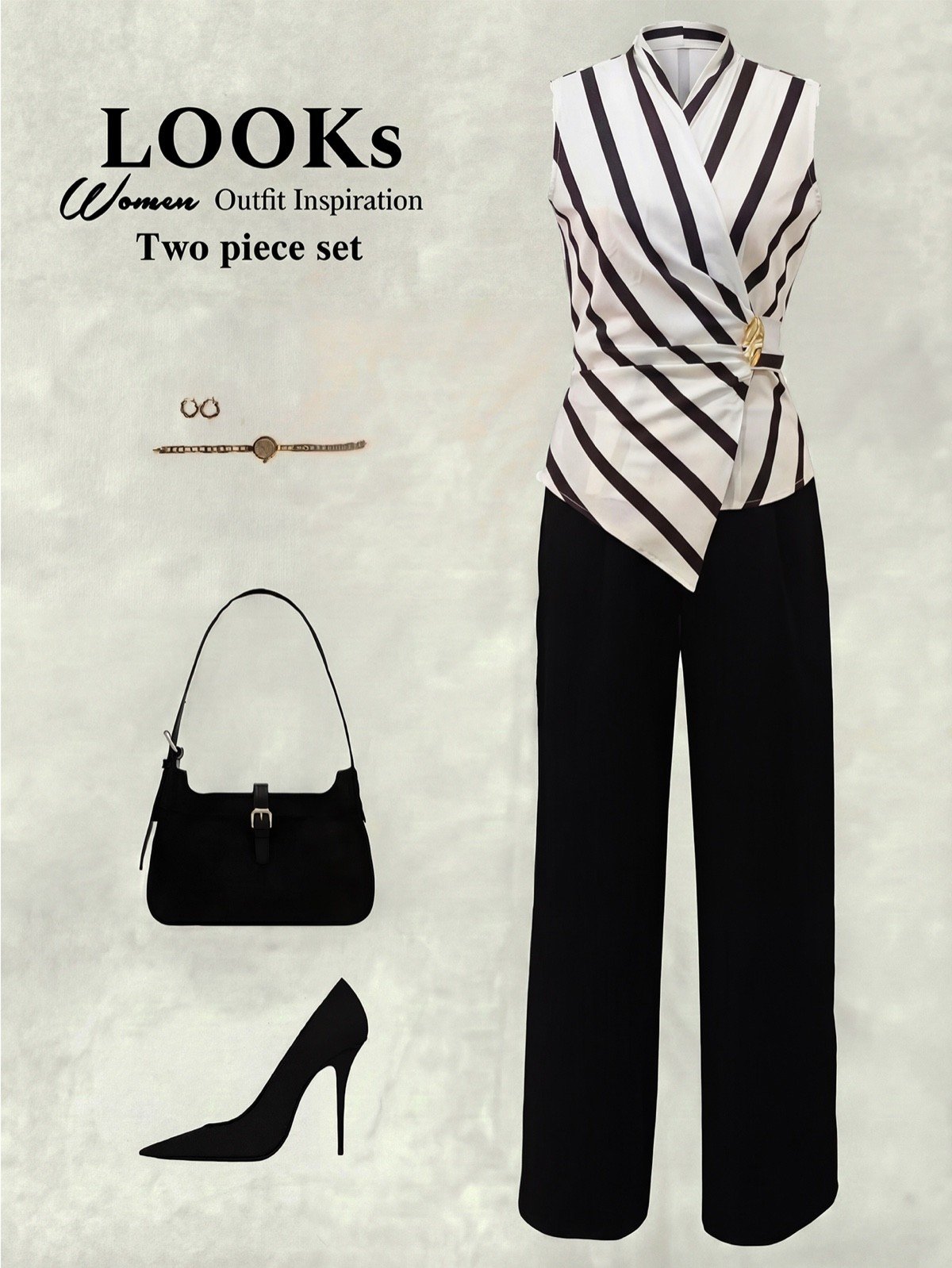 Outfit layout of a striped wrap blouse and black wide-leg pants set with buckle detail.