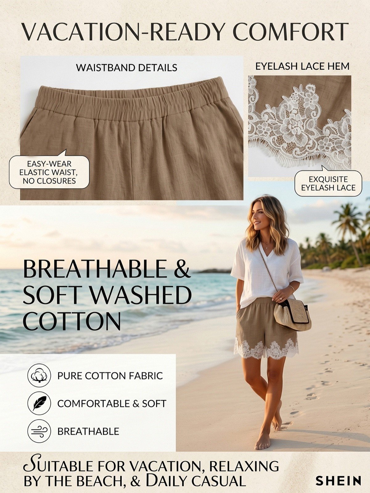 Fabric and construction details of taupe washed-cotton pull-on shorts with a white eyelash-lace hem.