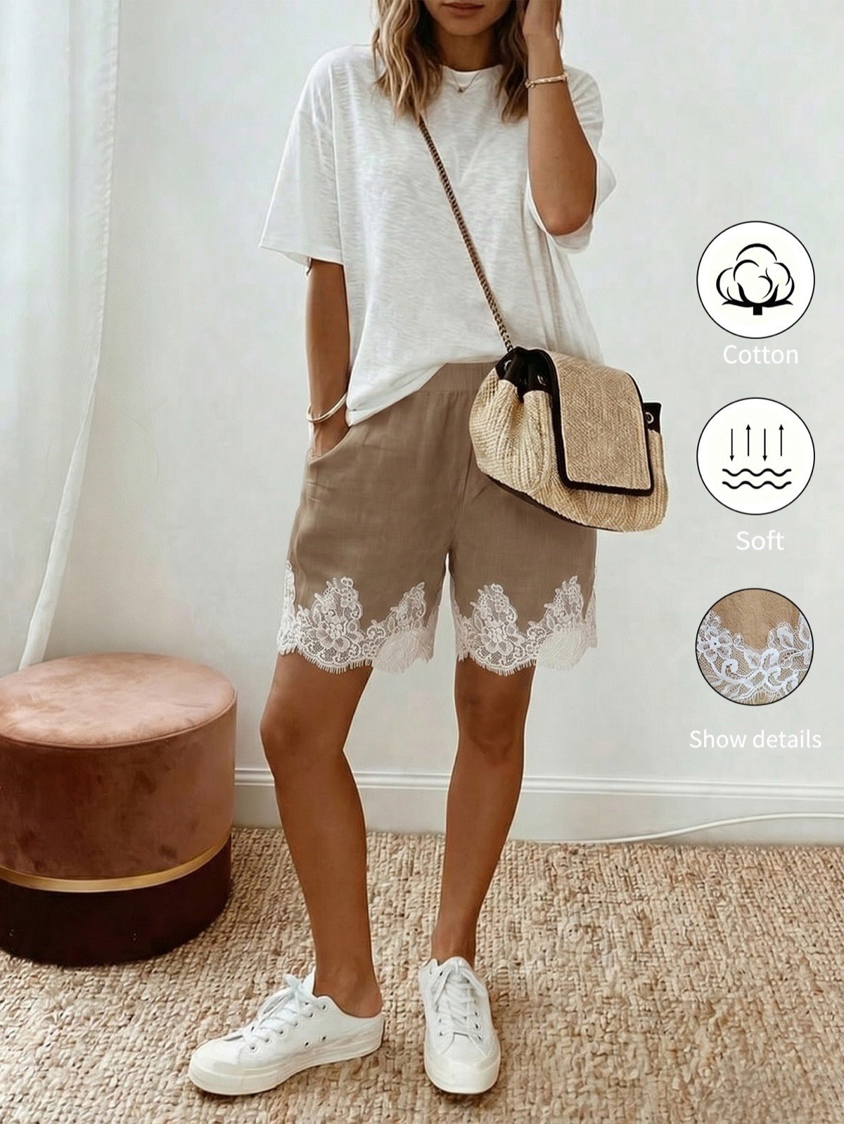 Full lifestyle view of taupe washed-cotton pull-on shorts with a white eyelash-lace hem.